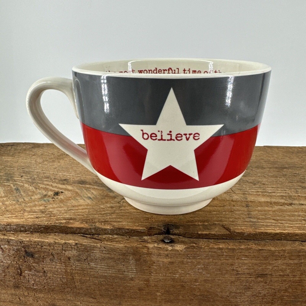 Oversized Coffee Mug Primitives By Kathy Believe Christmas 3.5"T x 5"W‎ Gray Red